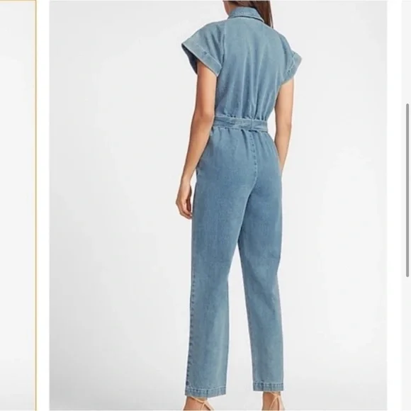 EXPRESS X LADYGANG DENIM JUMPSUIT ZIP JEAN UTILITY JUMPSUIT TIE WAIST Size 2 - Picture 8 of 9